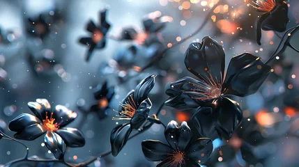 Fotobehang 3D rendering of black flowers with orange pistils on a blurred background. The petals of the flowers are glossy and have a wet look. © Oleg