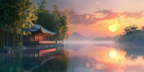 Fototapeta premium Calm lake in foggy sunset with Asian traditional house and bamboo trees
