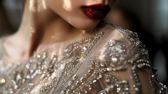 Close-up of a woman's lips with red glitter lipstick and a luxurious dress with silver sequins.