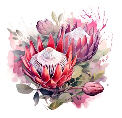 Protea flowers bunch, watercolor illustration, Blooming Pink King Protea Plant over white background