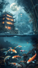 Clear river in half under water view with colorful Koi goldfishes under water and Asian traditional house with bamboo trees at morning