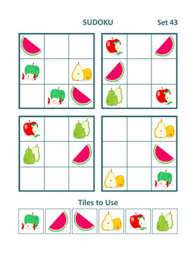 4 easy picture sudoku games and design elements. Four 3x3 (one block) puzzles with fruit and berry iconic images. Suitable both for kids and adults.. 
