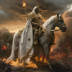 holy knight in a white armor on a white horse 