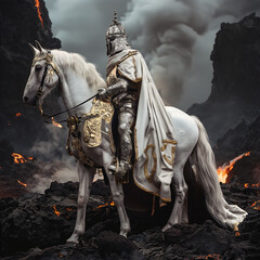 holy knight in a white armor on a white horse 