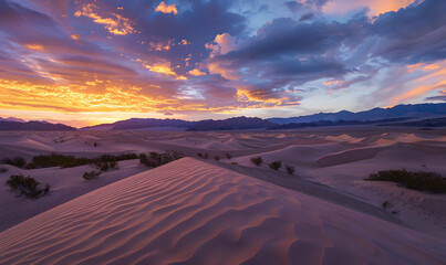 Fototapeta na wymiar desert landscape at sunrise, showcasing the play of light and shadows on the sand dunes, Generative AI 