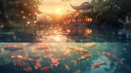 Clear river in half under water view with colorful Koi goldfishes under water and Asian traditional house with bamboo trees at sunset