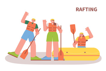 People are wearing life jackets, holding rafting paddles and greeting with happy expressions. A person riding a rafting boat.