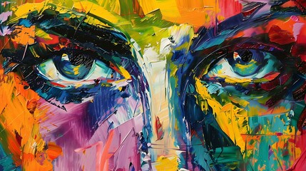 This is an abstract painting of a woman's face. The colors are vibrant and the brushstrokes are thick.