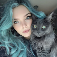 blue green hair aqua color hair girl portrait selfie with her black cat