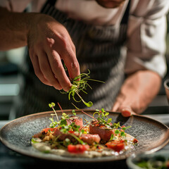 executive chef preparing high end fancy food gastronomy