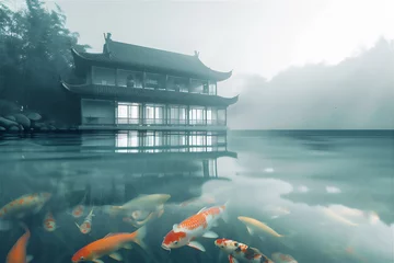 Fotobehang Asian garden with  pond with goldfishes at calm foggy morning © Maizal