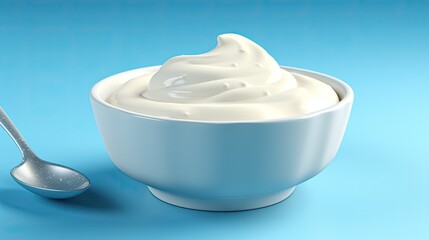 Sour cream in a white bowl with a spoon on a blue background