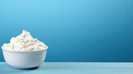 Whipped cream in a white bowl on a blue background with copy space