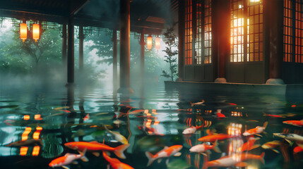 Clear pond  with colorful Koi goldfishes under water and Asian traditional house with bamboo trees at morning