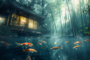 Clear river in half under water view with colorful Koi goldfishes under water and Asian traditional...