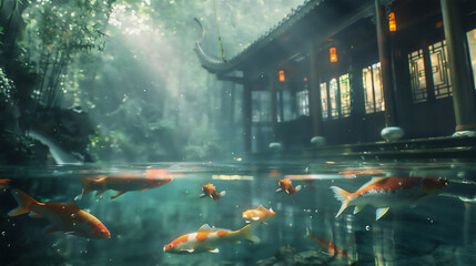 Asian garden with bamboo trees and pond with goldfishes at calm foggy morning