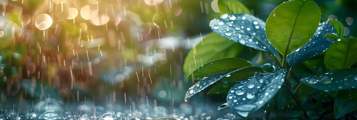Refreshing Spring Rains Scented Landscapes Awaken,
Water drops on a leaf with a green background
 - obrazy, fototapety, plakaty