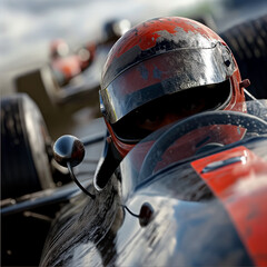 formula pilot driver close up facing during the race