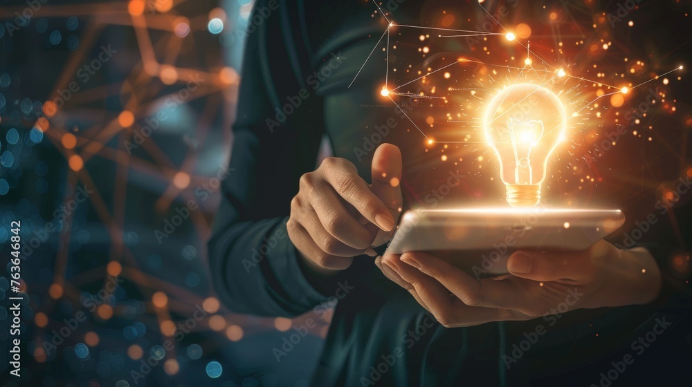 Poster abstract. innovation. hands holding tablet with light bulb future technologies and network connectio