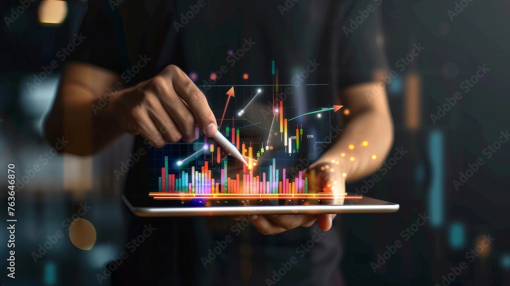 Poster businessman holding tablet and showing a growing virtual hologram of statistics, graph and chart wit