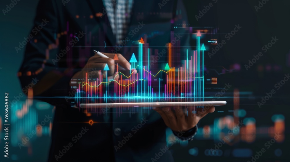 Poster businessman holding tablet and showing a growing virtual hologram of statistics, graph and chart wit