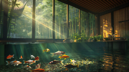 Clear pond in half under water view with colorful goldfishes under water and Asian traditional...