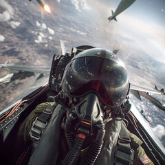 jet fighter pilot cockpit interior during the dog fight in war