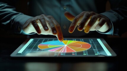 Businessman touching pie chart on tablet and analyzing sales data and economic growth graph chart.