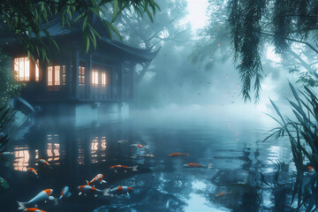 Clear pond with colorful goldfishes under water and Asian traditional house with bamboo trees frame at morning