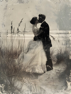 Vintage gown, formal wear, kissing on beach in monochrome photo