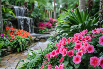 Tropical garden with flowers and waterfall.