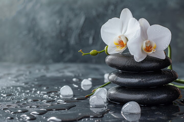 Obraz na płótnie Canvas Stack of black zen stones and white orchids.
