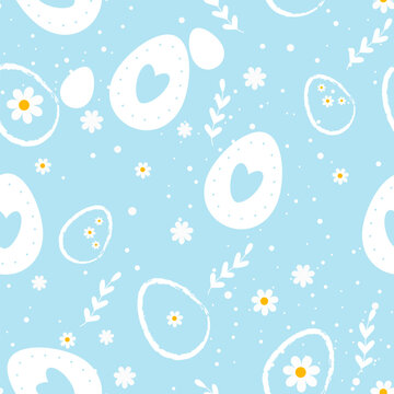 Easter colored eggs simple pattern. Easter eggs seamless pattern with flowers and dots. Easter symbol, decorative vector elements.	Vector

