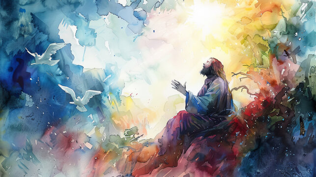 Vibrant watercolor artwork depicts a man in spiritual prayer, surrounded by doves under a burst of heavenly light