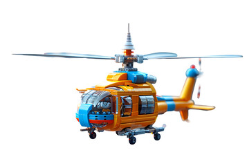 A 3D animated cartoon render of a blue and yellow cartoon helicopter flying over a cartoon city skyline.