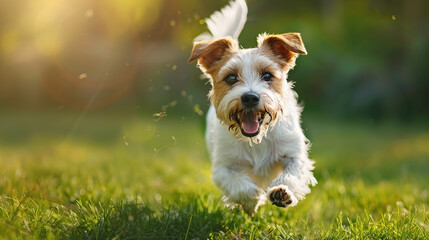 Happy parson russel terrier running on green grass meadow, dog is looking at camera and smiling, dynamic shot, sunny day, photo taken from behind the subject - obrazy, fototapety, plakaty