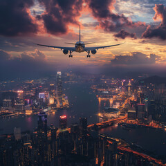 sunset plane flight over the city