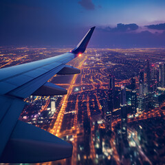 sunset plane flight over the city
