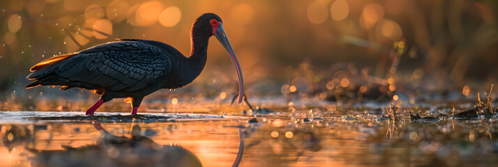 Golden-hour Grace: An Eloquent Portrait of the Scarlet-Faced Ibis Bird in a Serene Marshland