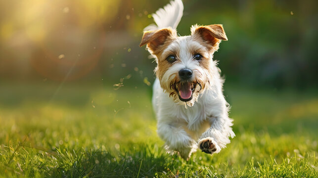 Happy parson russel terrier running on green grass meadow, dog is looking at camera and smiling, dynamic shot, sunny day, photo taken from behind the subject