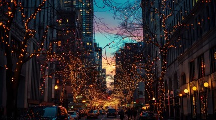Christmas lights in the city during the blue hour