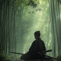 samurai mediation in the bamboo forest - obrazy, fototapety, plakaty