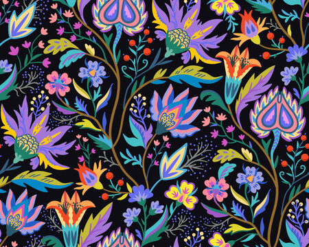 Rich vibrant colorful floral pattern in victorian style for decor, wallpaper, fabric design. Vector illustration.