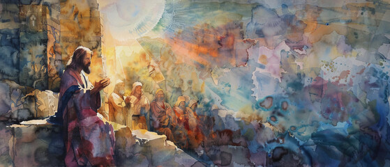 Captivating scene of a woman in prayer, embraced by beautifully chaotic watercolor splashes