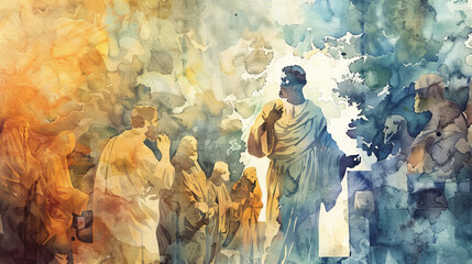 A vibrant abstract watercolor painting showcasing silhouettes of historical figures possibly from ancient Rome or Greece - obrazy, fototapety, plakaty