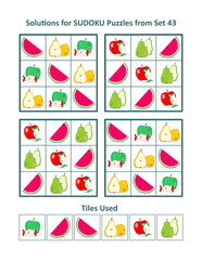 Solutions, or answers, for 4 easy picture sudoku puzzles with fruit and berry iconic images. Plus design elements. Set 43.
