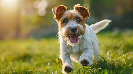 Happy parson russel terrier running on green grass meadow, dog is looking at camera and smiling, dynamic shot, sunny day, photo taken from behind the subject