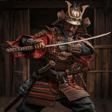 japanese samurai training and posing with his sword