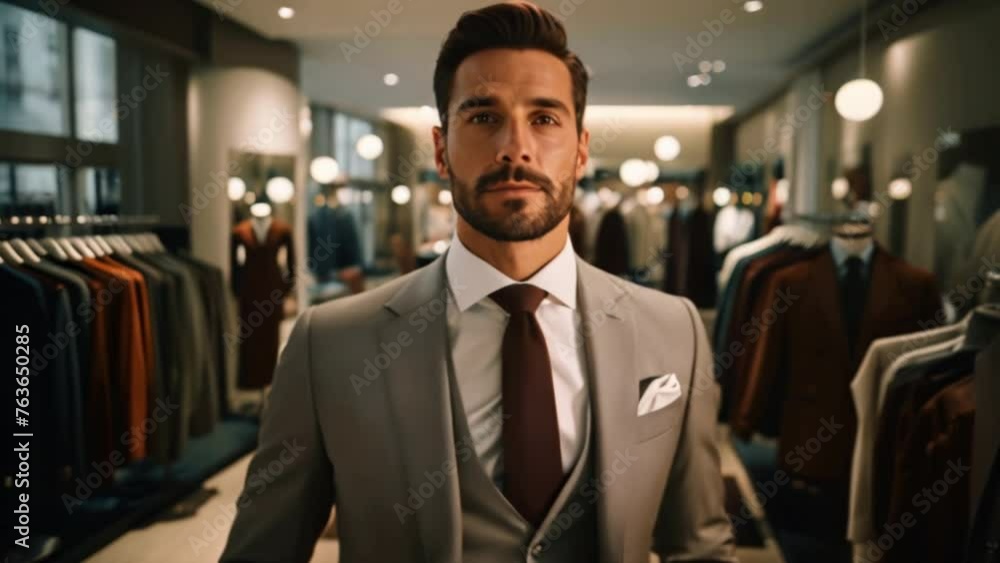 Poster a man in a classic suit stands in the fitting room of a luxury men's boutique.