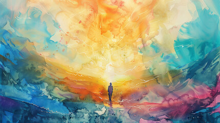 An abstract explosion of colors in a digital painting dominated by a person standing amidst it